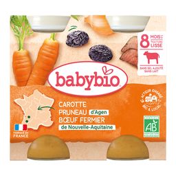 BABYBIO Menü Karotte, Pflaume aus Agen, Rindfleisch vom Bauernhof aus Nouvelle-Aquitaine
