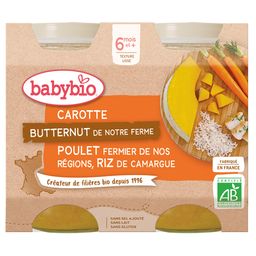 BABYBIO Menü Karotten, Butternut von unserem Bauernhof, Freilandhühnchen aus unseren Regionen, Reis aus der Camargue