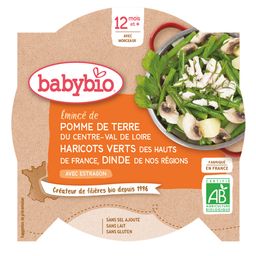 Babybio EMINCÉ DE POMME DE TERRE DU CENTRE-VAL DE LOIRE HARICOTS VERTS DES HAUTS-DE-FRANCE DINDE DE NOS RÉGIONS À L'ESTRAGO dès 12 mois