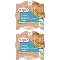 Babybio MELI-MÉLO DE LÉGUMES DE NOS REGIONS SAUMON ET RIZ DE CAMARGUE À L'OSEILLE (Lachs und Reis aus der CAMARGUE mit Sauerampfer) ab 15 Monaten