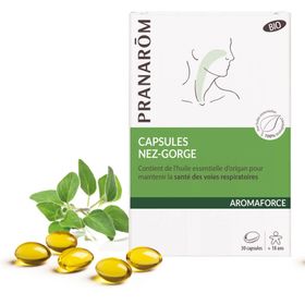 PRANARÔM - Aromaforce - Capsules Nez-Gorge - Compléments Alimentaires Aux Huiles Essentielles - Origan(*) - (*) Maintient La Santé Des Voies Respiratoires - 100% Bio - 30 Capsules