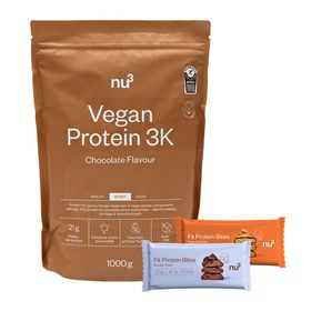 nu3 Vegan Protein 3K Shake, chocolat + Fit Protein Bites Peanut Butter + Fit Protein Bites Double-Choc