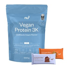 nu3 Vegan Protein 3K Shake, Cookies-Cream + Fit Protein Bites Double-Choc + Fit Protein Bites Peanut Butter