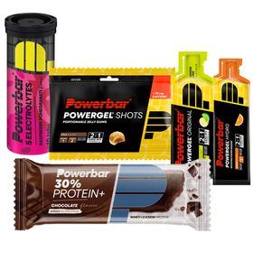 PowerBar® 30% Protein Plus Chocolate + PowerBar® Powergel Shots Cola + Powerbar® 5 Electrolytes Raspberry Pomegranate + PowerBar® Powergel Hydro Orange + PowerBar® Powergel Original Lemon Lime