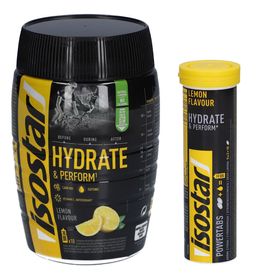 Isostar Powertabs Fast Hydration Lemon + Isostar Hydrate & Perform Zitrone – Isotonisches Sportgetränkepulver