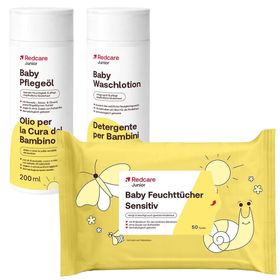 Redcare Baby  Junior Feuchttücher Sensitiv + Redcare Junior Baby Waschlotion + Redcare Junior Baby Pflegeöl