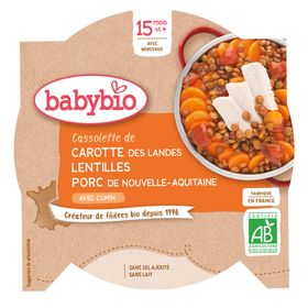 Babybio CASSOLETTE DE CAROTTE DES LANDES LENTILLES PORC DE NOUVELLE-AQUITAINE AU CUMIN dès 15 mois