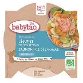 Babybio MELI-MÉLO DE LÉGUMES DE NOS REGIONS SAUMON ET RIZ DE CAMARGUE À L'OSEILLE (Lachs und Reis aus der CAMARGUE mit Sauerampfer) ab 15 Monaten