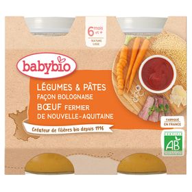 BABYBIO Menü Gemüse & Nudeln Bolognese Art, Rindfleisch vom Bauernhof aus Nouvele-Aquitaine