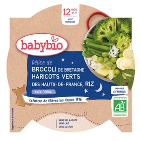 Babybio DÉLICE DE BROCOLI DE BRETAGNE HARICOTS VERTS DES HAUTS-DE-FRANCE RIZ AU PERSIL dès 12 mois