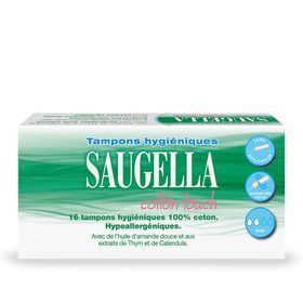 Saugella - Cotton Touch - Tampons Hygiéniques sans Applicateur - Flux Légers- 100% Coton - Hypoallergéniques, Confort et Sécurité - Enrichis en Thymol et en Huile d'Amande Douce - Pack de 16