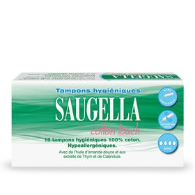 Saugella - Cotton Touch - Tampons Hygiéniques sans Applicateur - Flux Importants- 100% Coton - Hypoallergéniques, Confort et Sécurité - Enrichis en Thymol et en Huile d'Amande Douce - Pack de 16