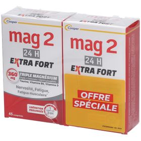 MAG 2 - 24H Extra fort - Anti-nervosité et anti-fatigue - Complément alimentaire à base de magnésium, vitamine B6, vitamine D et taurine - Programme 90 jours - Lot 2x45 comprimés