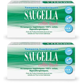 Saugella - Cotton Touch - Tampons Hygiéniques sans Applicateur - Flux Normaux - 100% Coton - Hypoallergéniques, Confort et Sécurité - Enrichis en Thymol et en Huile d'Amande Douce - Pack de 16