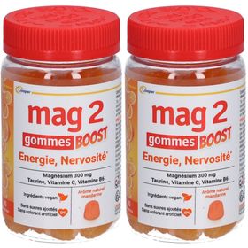 MAG 2 - Gommes BOOST - Anti-nervosité et anti-fatigue - Sans sucres ajoutés et sans colorant artificiel - Ingrédients vegan -Arôme naturel de mandarine - Complément alimentaire à base de magnésium, taurine, vitamines B6 et C - 45 gommes