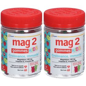 MAG 2 - Gommes kids - Croissance et Immunité - Sans sucres ajoutés - Complément alimentaire à base de magnésium, vitamine B6 et vitamine D - 30 gommes