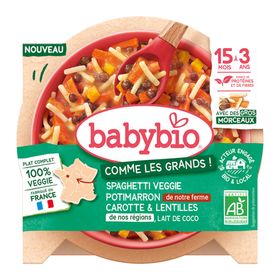 BABYBIO Spaghetti Veggie mit Kürbis von unserem Bauernhof, Karotten und Linsen aus unserer Region sowie Kokosmilch