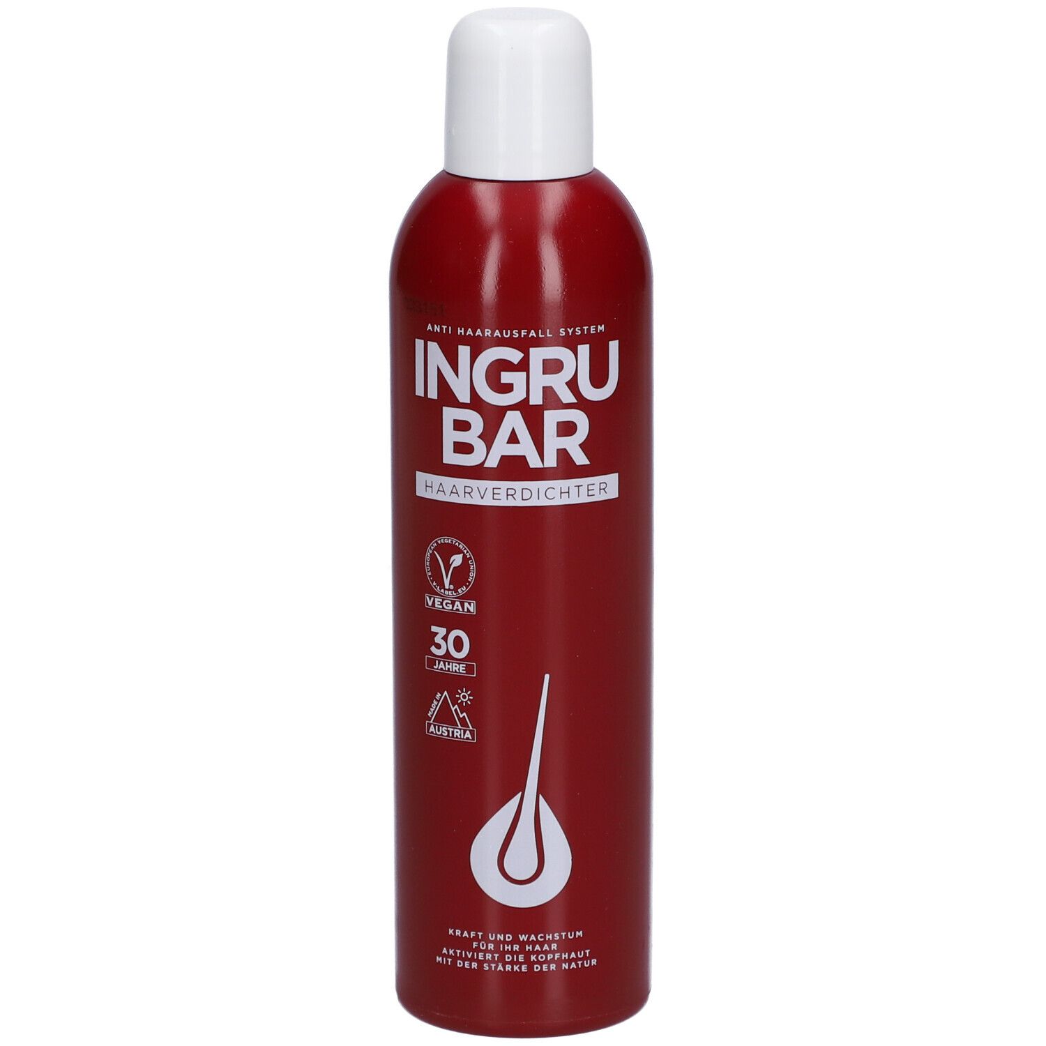 Bouteille rouge à bouchon blanc. Inscription: INGRUBAR Haarverdichter. Label Vegan, 30 ans, logo.