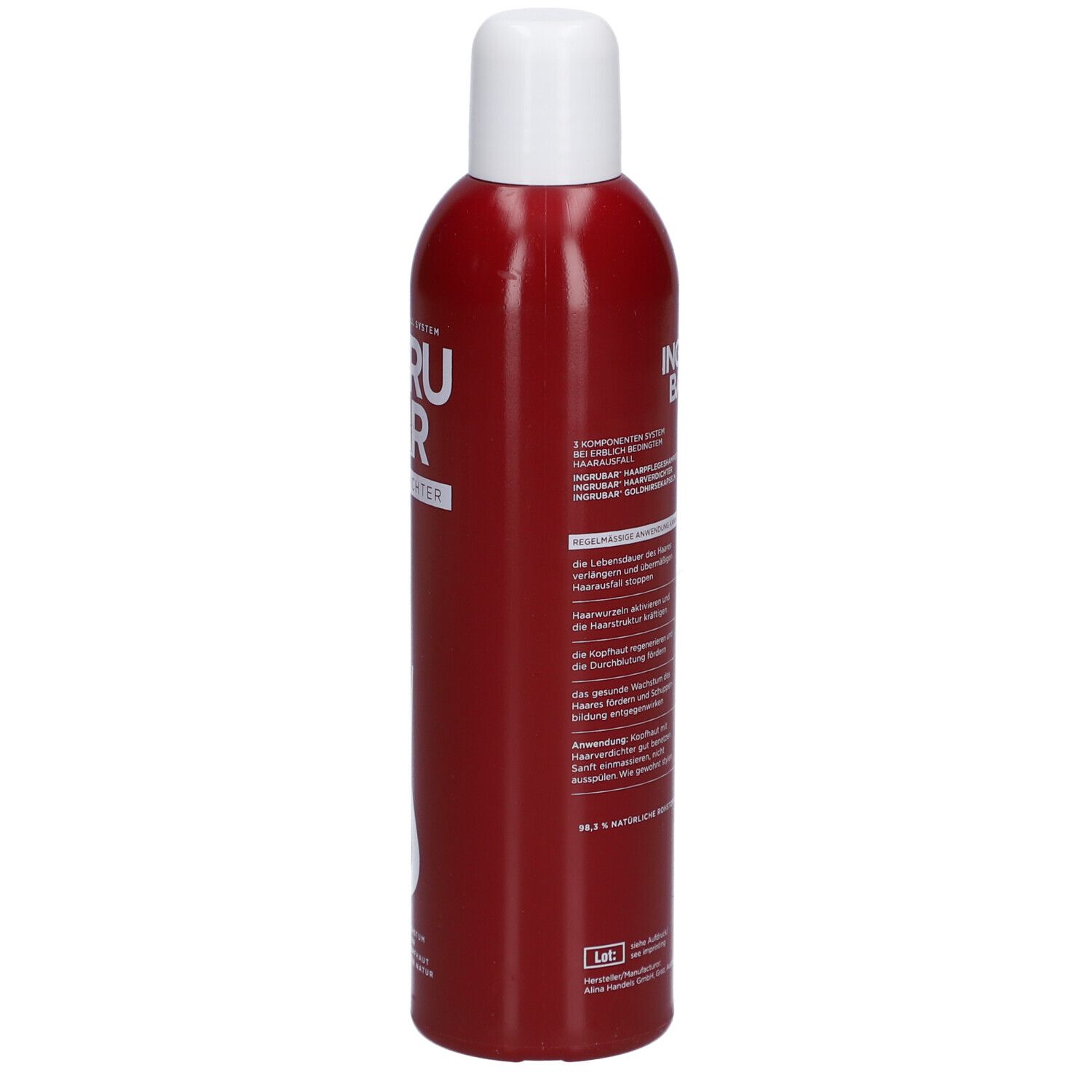 Bouteille rouge à bouchon blanc. Inscription: INGRUBAR Haarverdichter. Label Vegan, 30 ans, logo.