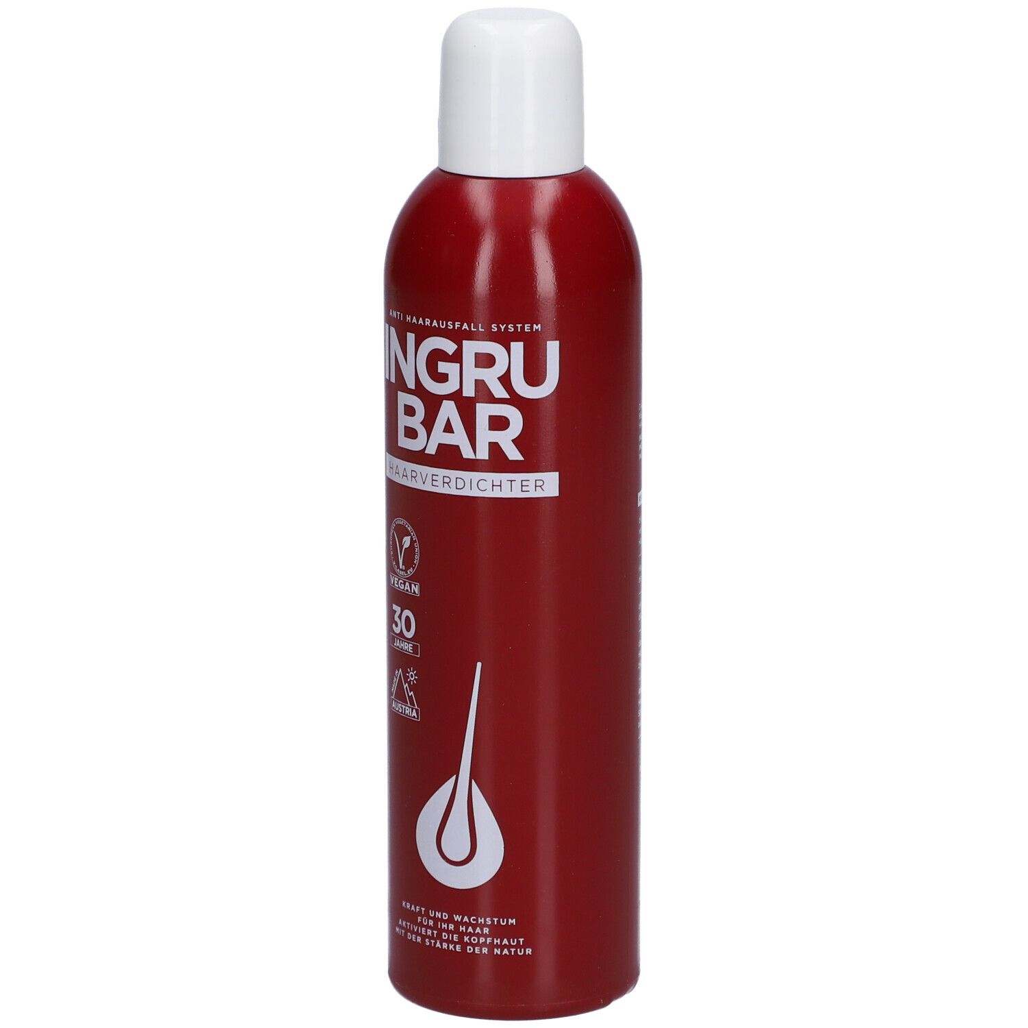 Bouteille rouge à bouchon blanc. Inscription: INGRUBAR Haarverdichter. Label Vegan, 30 ans, logo.