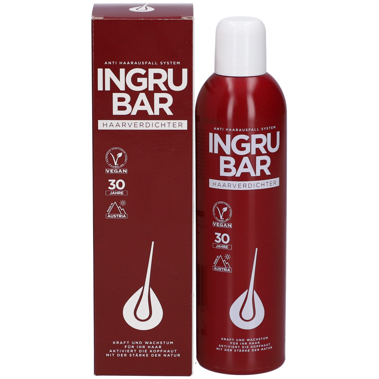 Bouteille et boîte rouges. Inscription: INGRUBAR Haarverdichter. Label Vegan, 30 ans, logo.