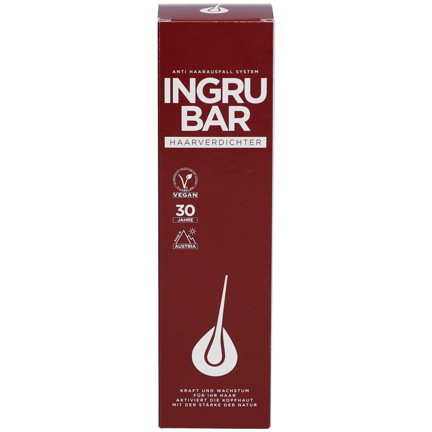 Boîte rouge. Inscription: INGRUBAR Haarverdichter. Label Vegan, 30 ans, logo.