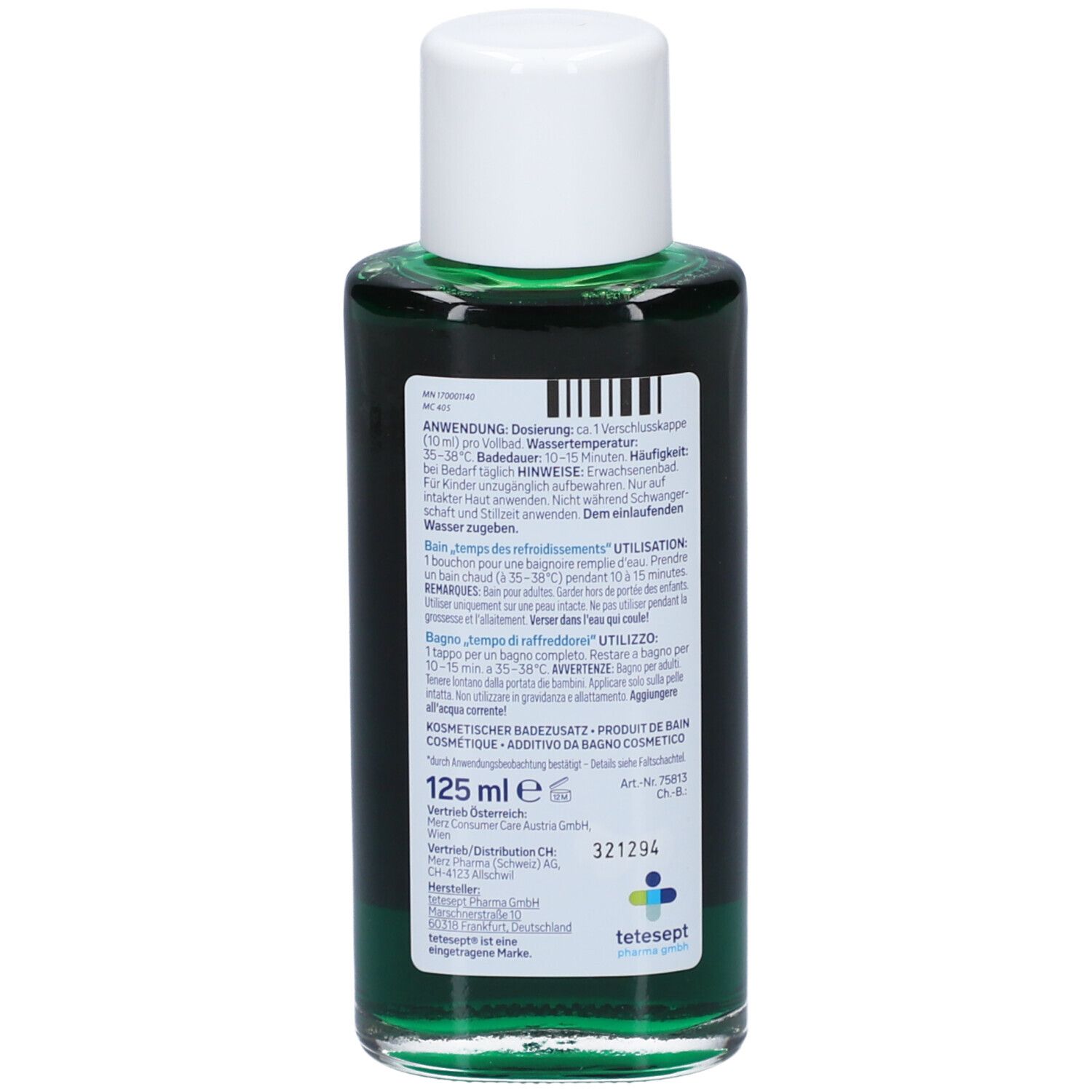 Flacon vert, bouchon blanc. Dos avec texte. Contient un liquide vert. 125 ml.