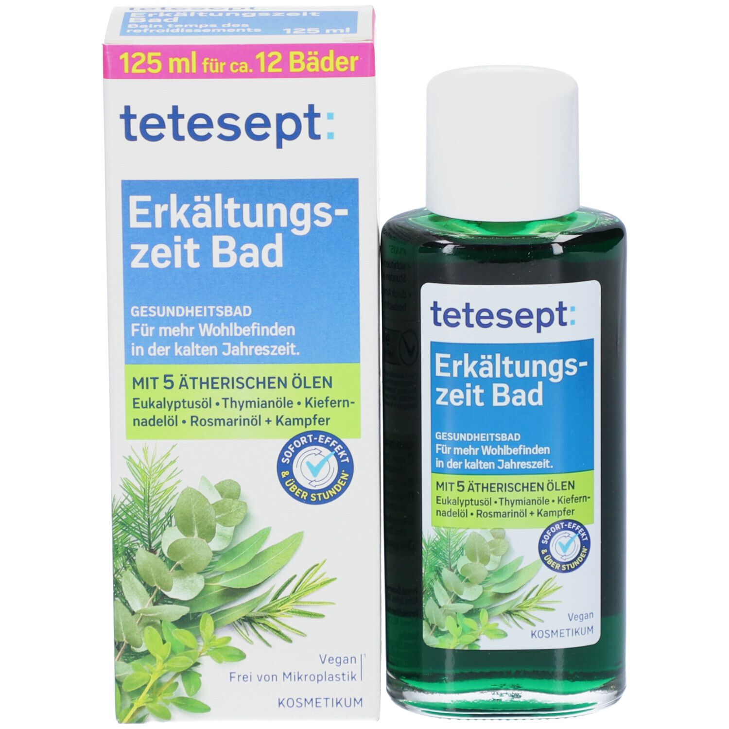 Flacon et emballage tetesept Erkältungszeit Bad. 125 ml pour 12 bains. Contient des huiles essentielles. Vegan.