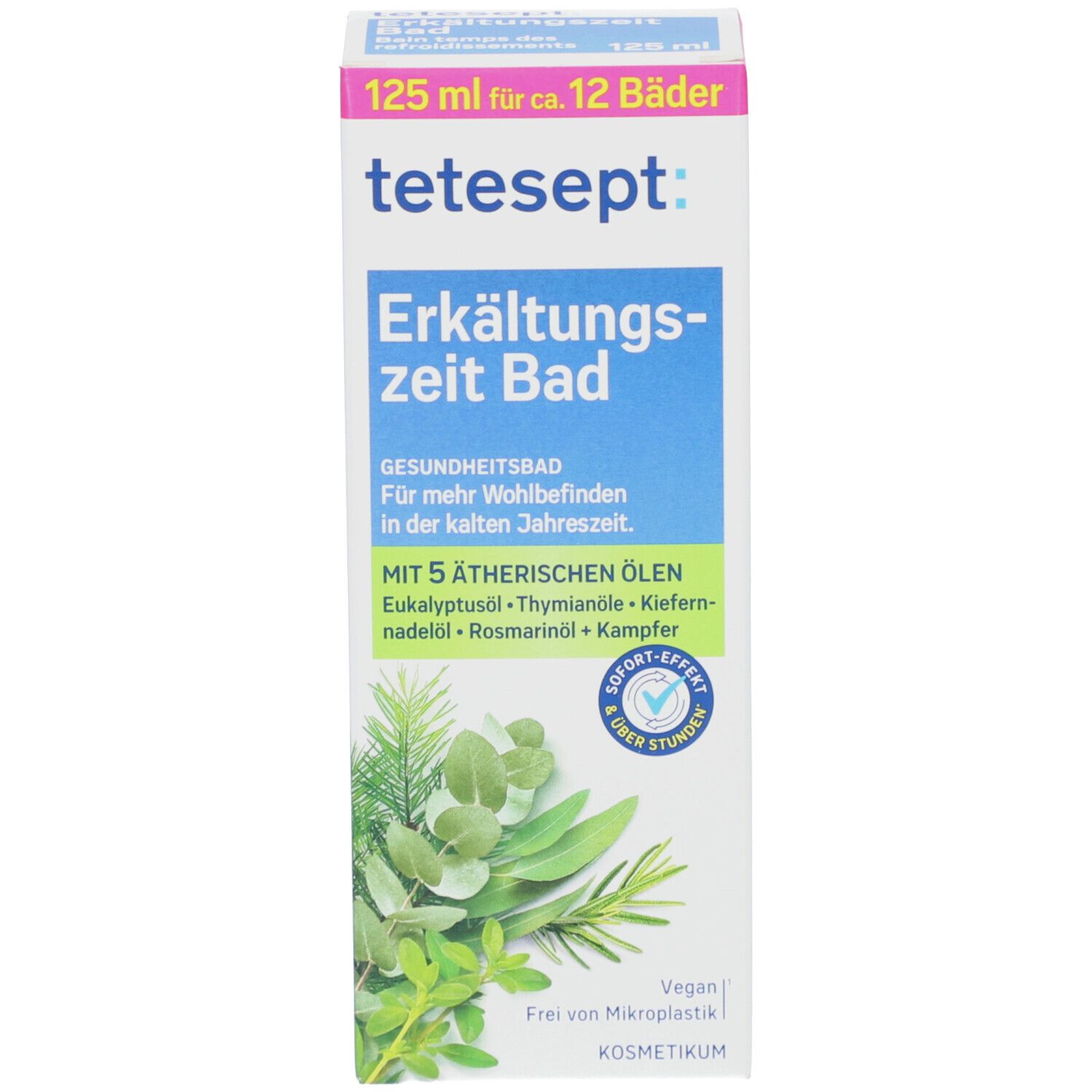 Emballage de tetesept Erkältungszeit Bad. 125 ml pour 12 bains. Contient des huiles essentielles. Vegan.