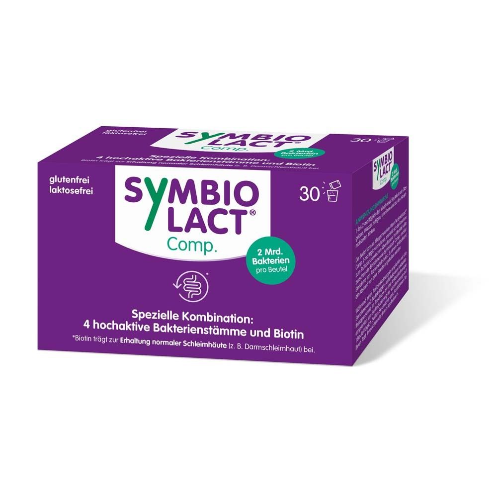 Boîte violette SymbioLact Comp. 30 sachets. Sans gluten, sans lactose. 2 Mrd. bactéries par sachet.