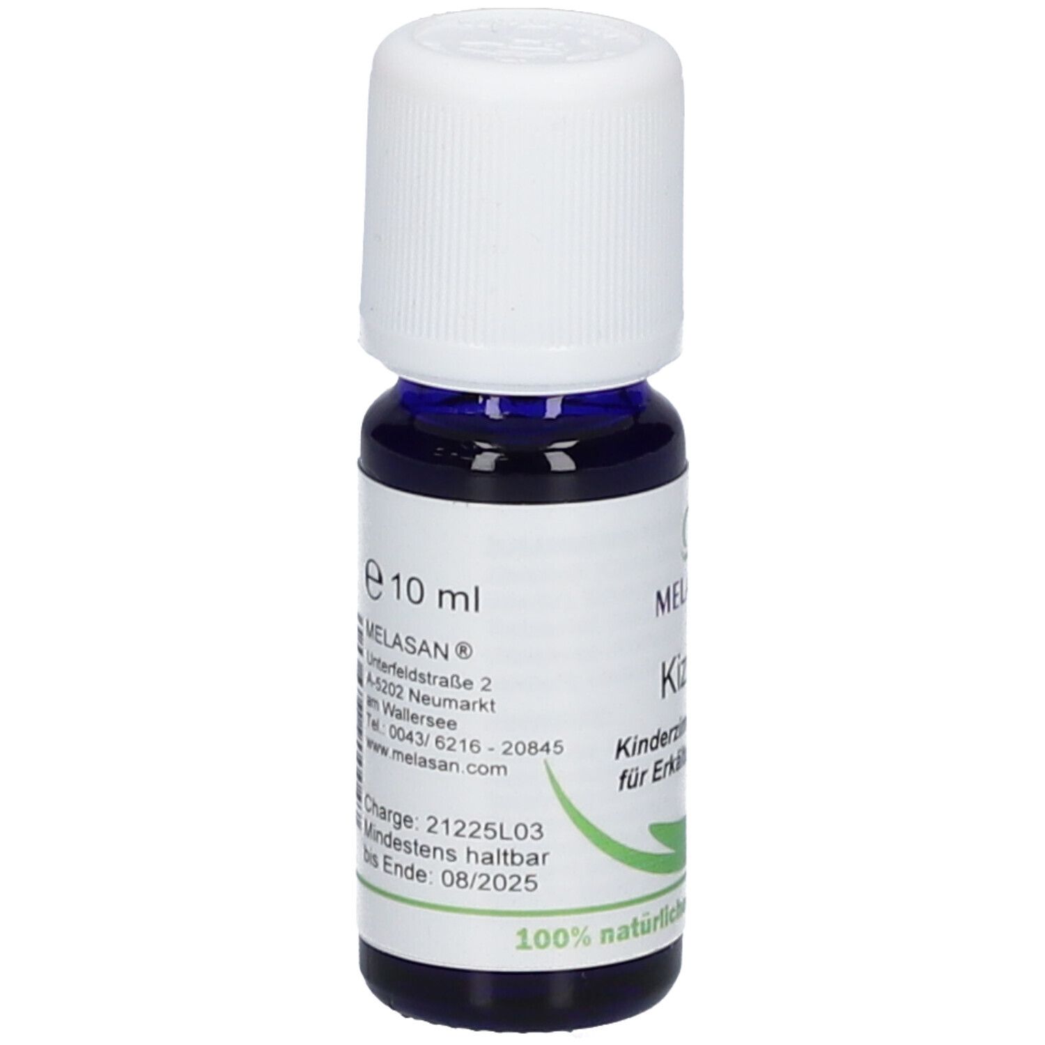 Flacon MELASAN Kizi-Öl, bouchon blanc. Inscription : 10 ml, A consommer de préférence avant 08/2025. Informations d'adresse et numéro de lot.