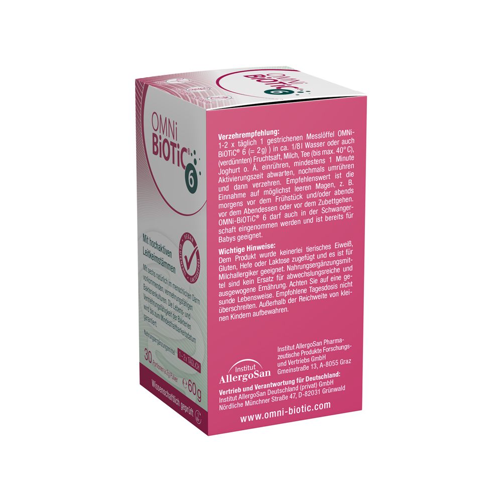 OMNi-BiOTiC® 6 Kartonverpackung, Seitenansicht mit Anwendungshinweisen.
