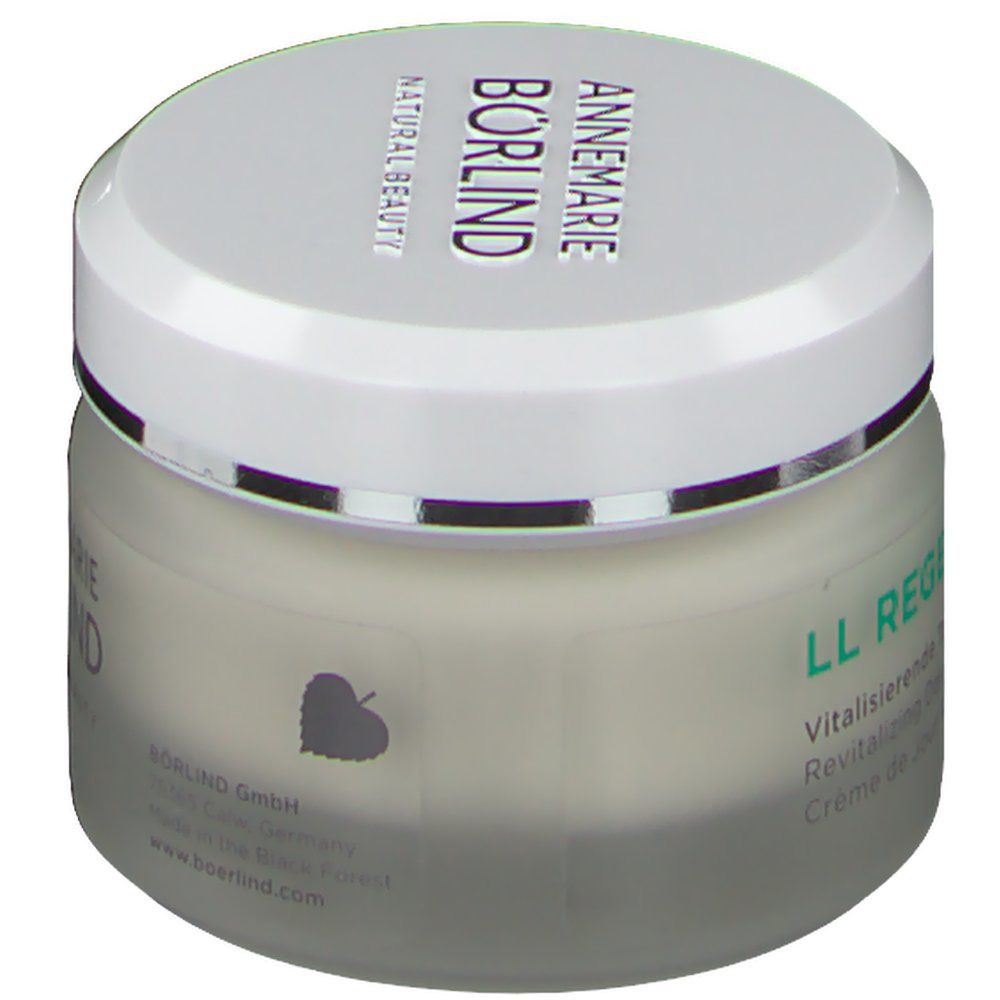 Creme-Tiegel mit weißem Deckel. Auf dem Tiegel steht "ANNEMARIE BÖRLIND NATURAL BEAUTY".