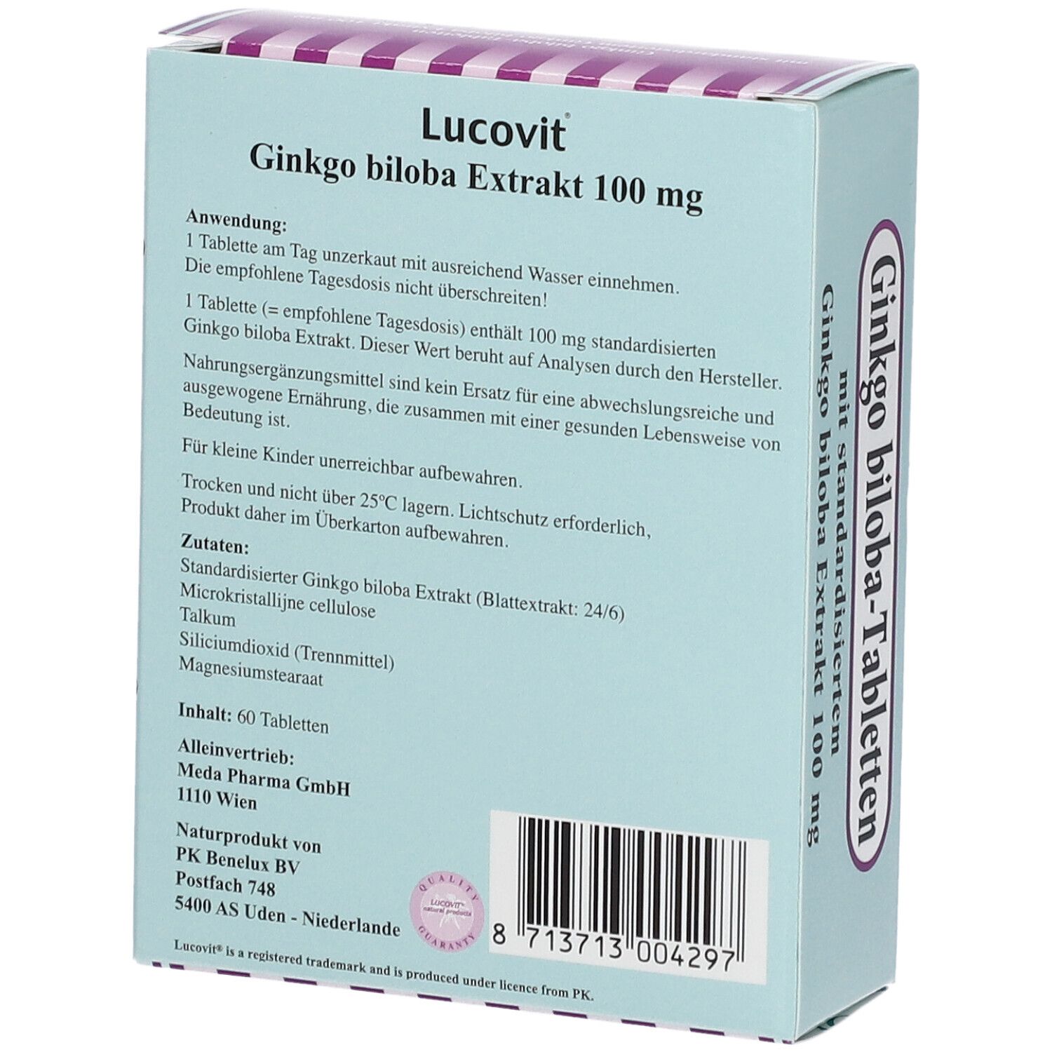 Rückseite der Schachtel mit Lucovit Ginkgo biloba-Tabletten. Text: Ginkgo biloba Extrakt 100 mg, Inhaltsstoffe, Herstellerinformationen.