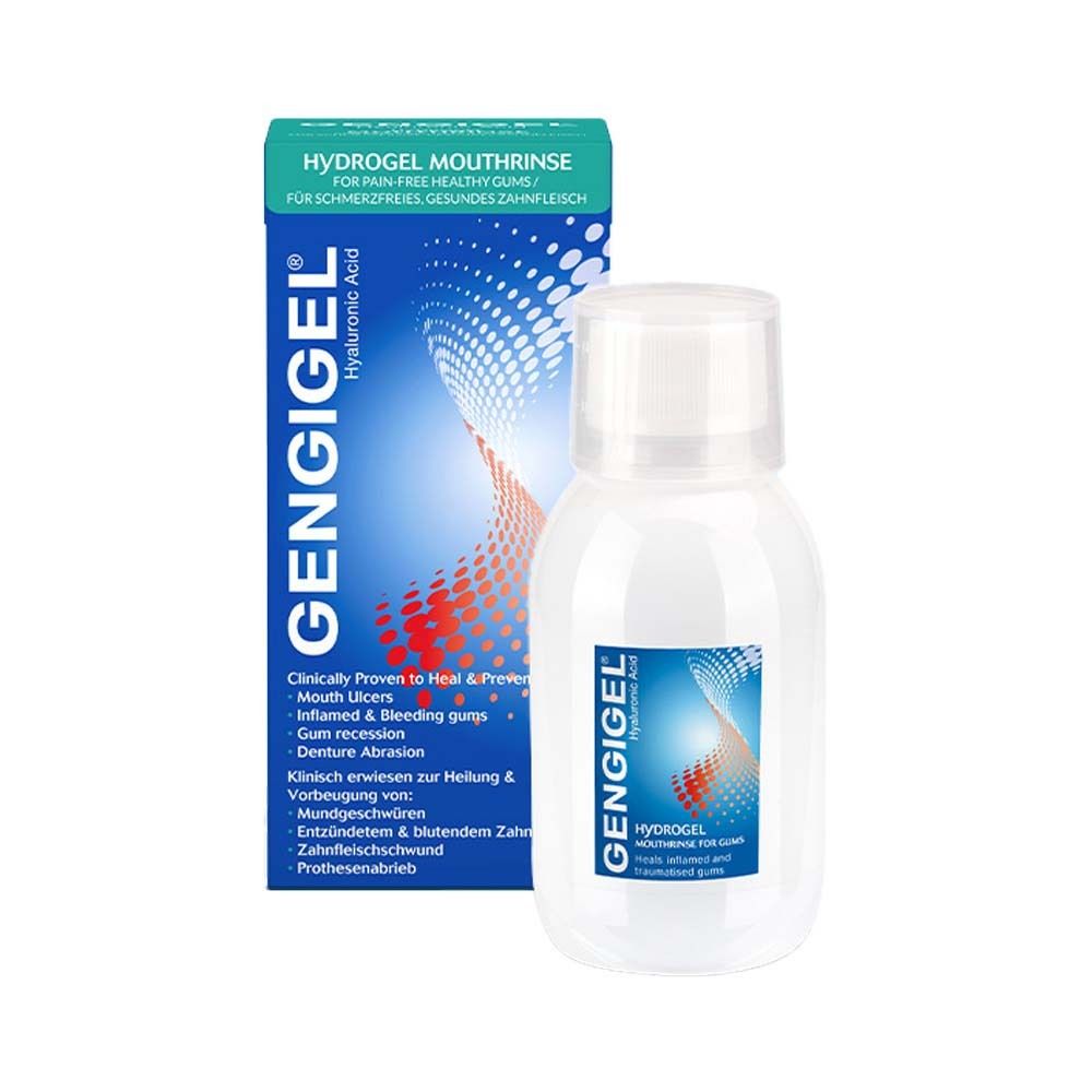 Gengigel bain de bouche et emballage. Bouteille et boîte avec informations et logo du produit.