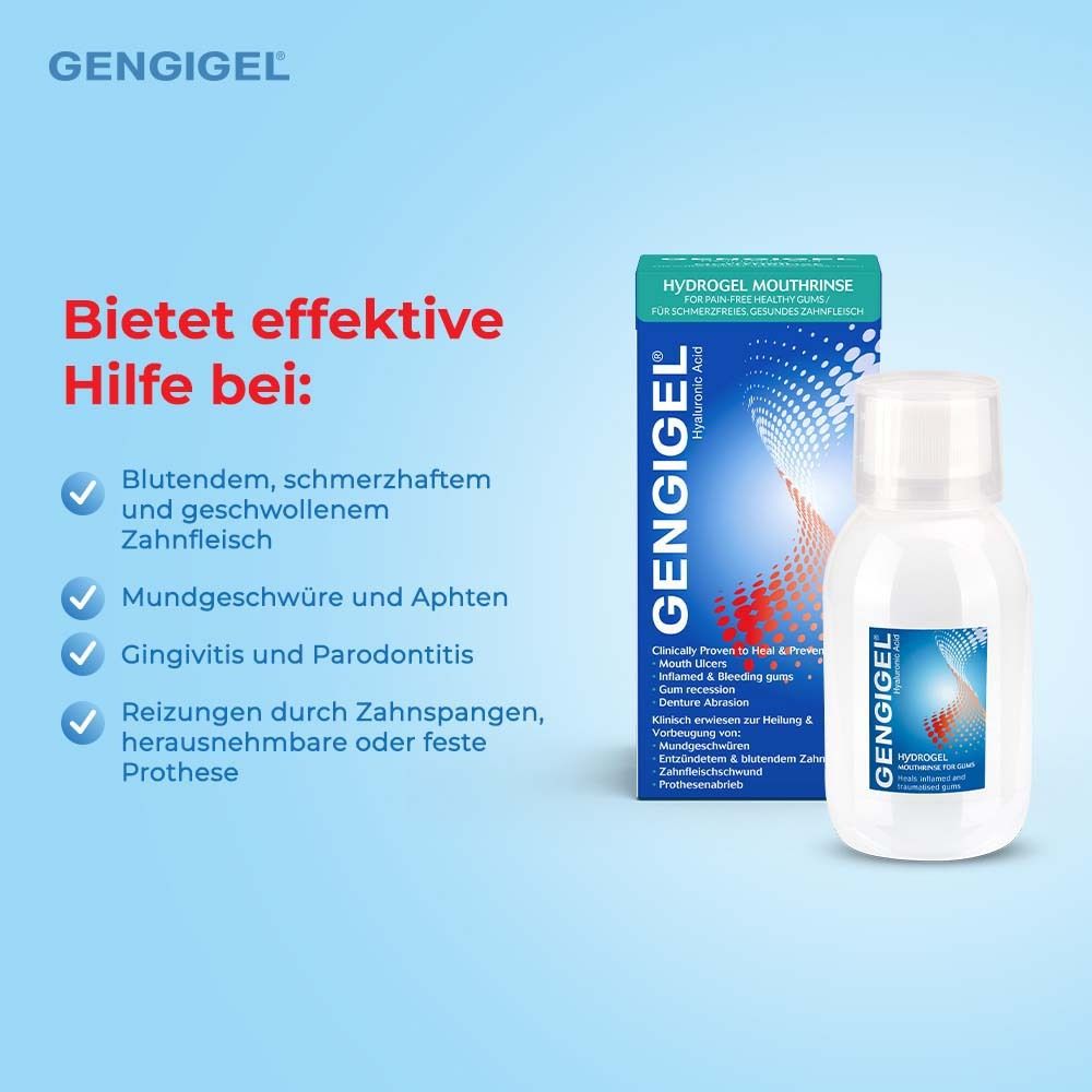 Gengigel bain de bouche. Texte: Aide aux gencives qui saignent, aphtes, etc. Produit et emballage.
