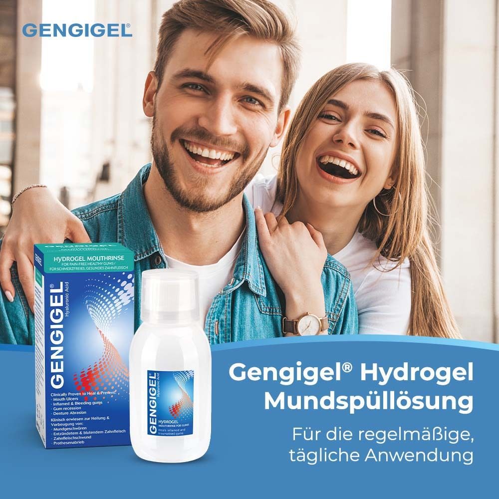 Gengigel bain de bouche et emballage. Couple souriant. Texte: Gengigel Hydrogel bain de bouche.