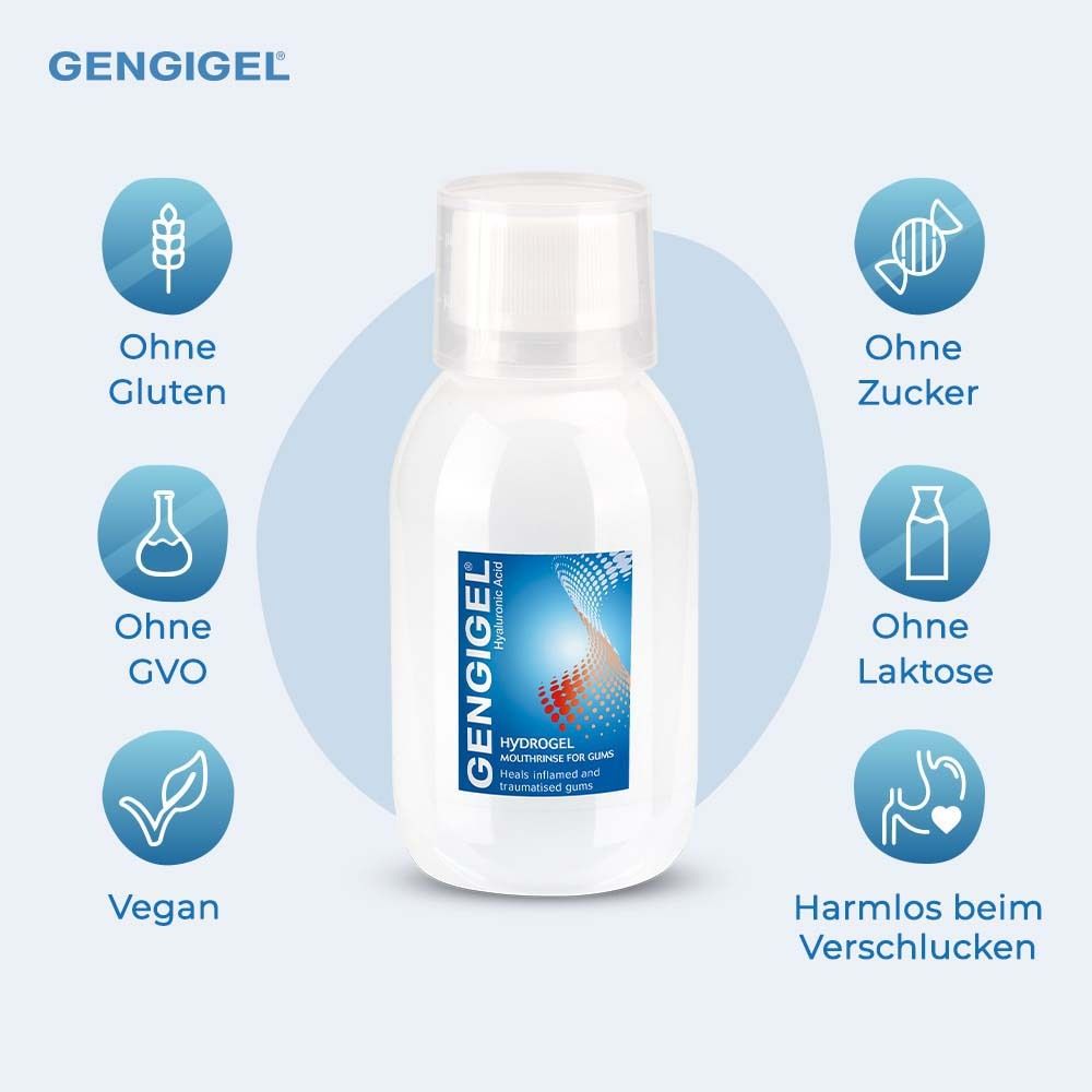 Gengigel bain de bouche. Texte: Sans gluten, sucre, OGM, lactose, végétalien. Produit et logo.