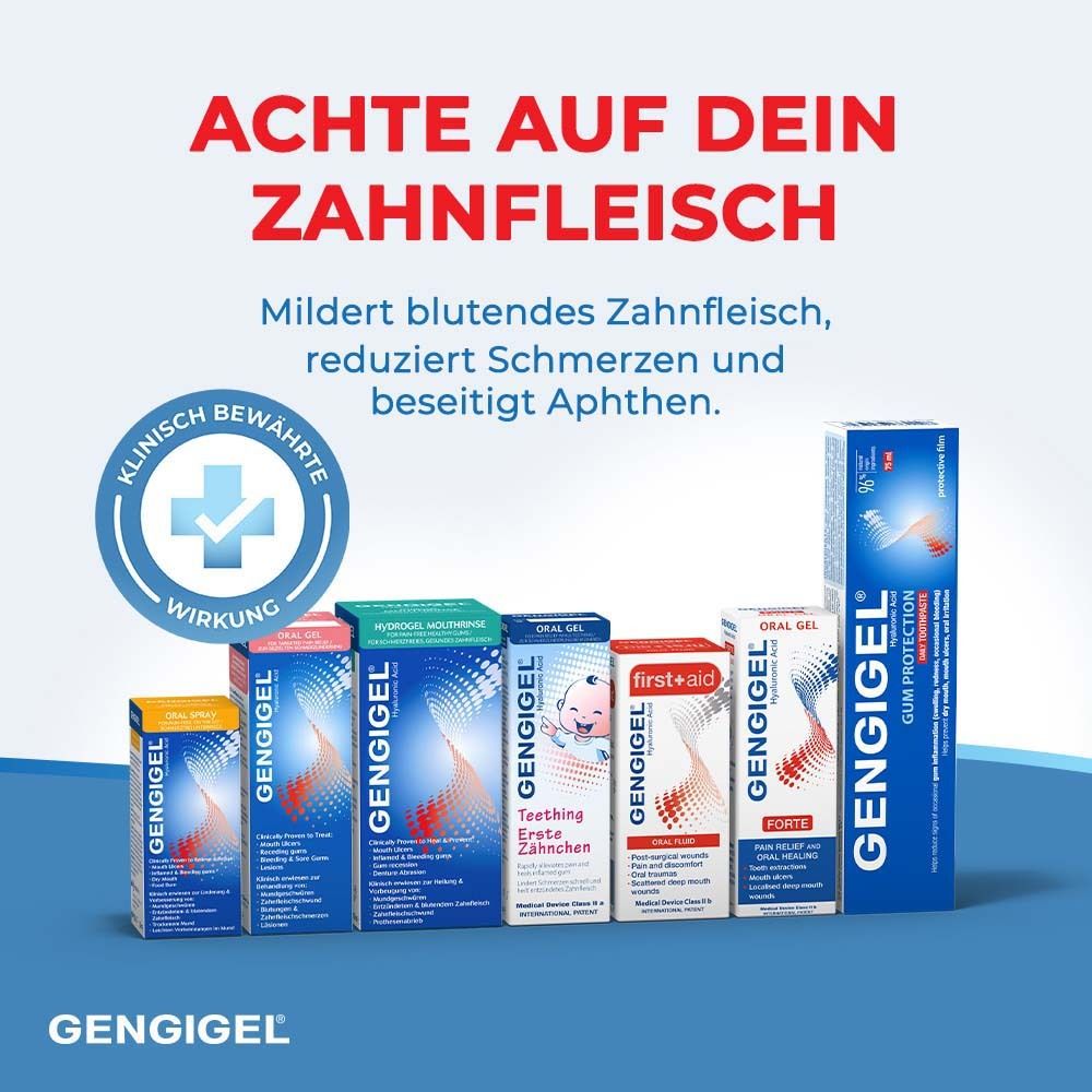 Gengigel bain de bouche et autres produits. Texte: Prenez soin de vos gencives. Produits et logo.