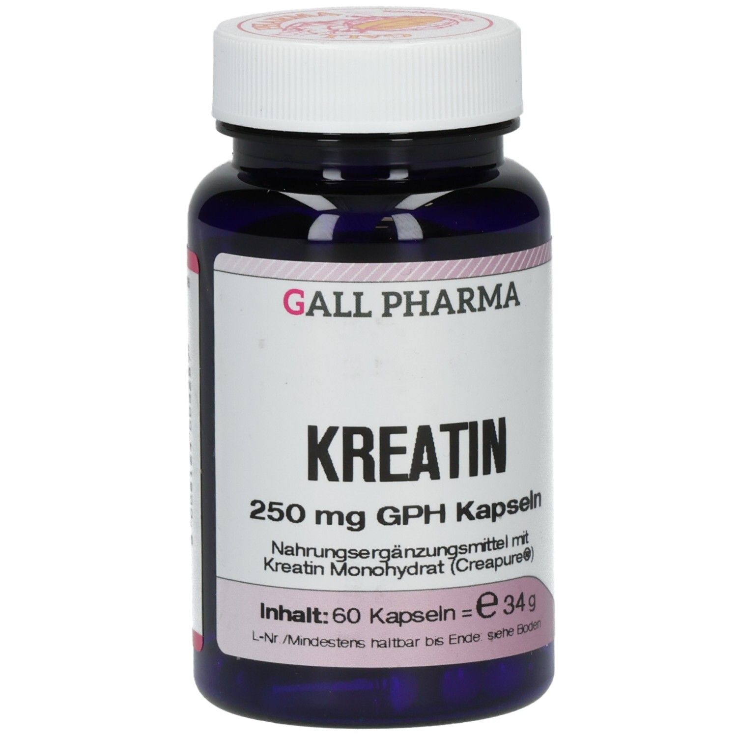 Dunkelblaue Kapsel-Dose mit weißem Deckel. Aufschrift: KREATIN 250 mg GPH Kapseln. Marke: GALL PHARMA.