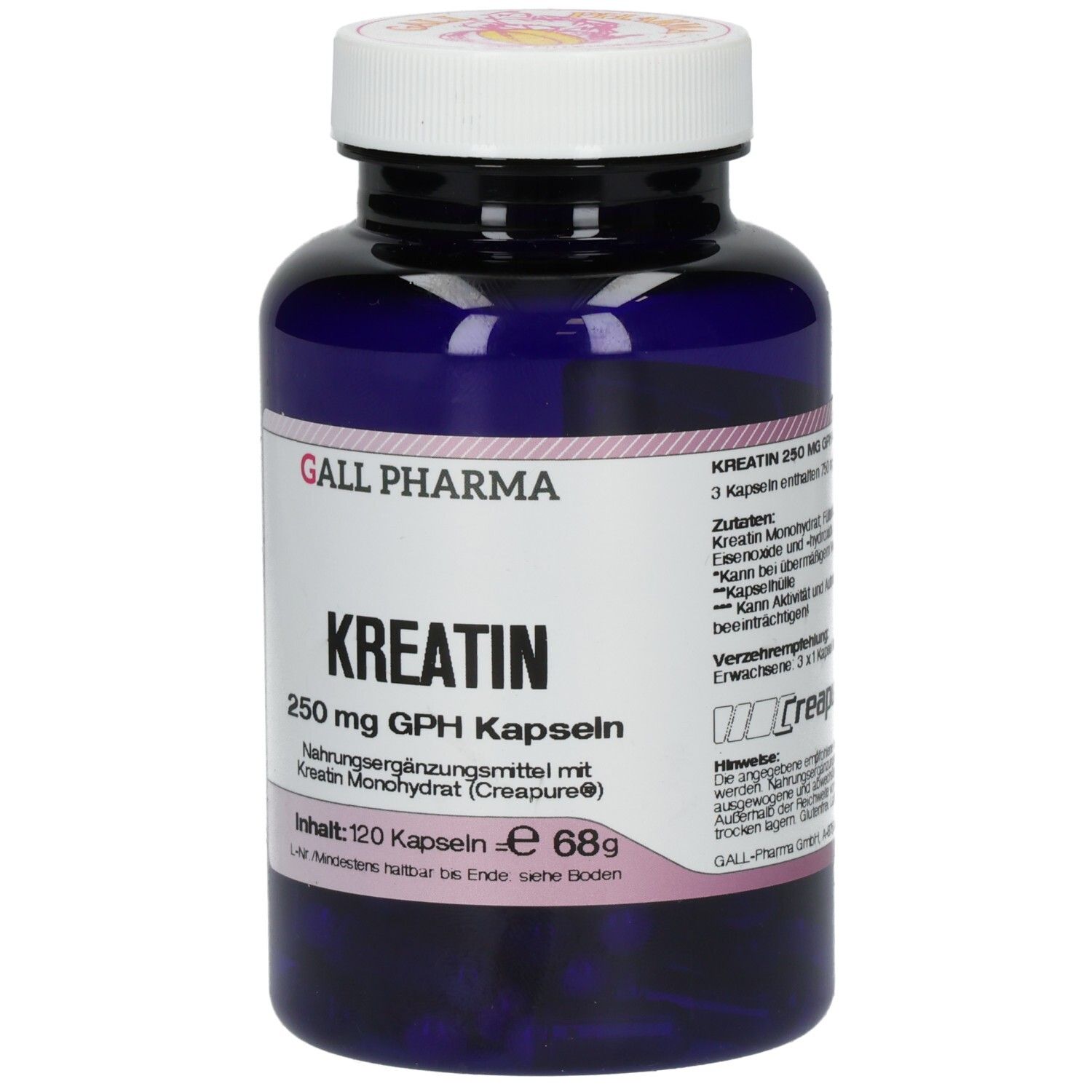 Blaue Flasche mit weißem Deckel. Aufschrift: GALL PHARMA, KREATIN 250 mg GPH Kapseln. Inhalt: 120 Kapseln.