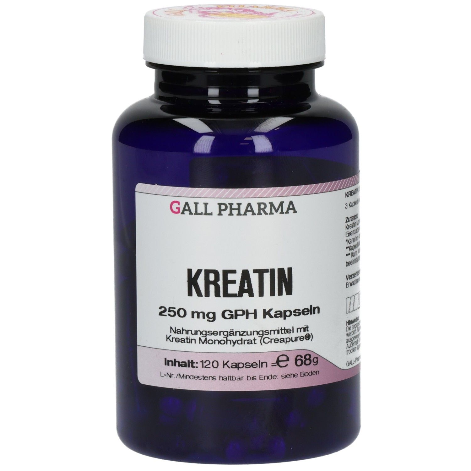 Blaue Flasche mit weißem Deckel. Aufschrift: GALL PHARMA, KREATIN 250 mg GPH Kapseln. Inhalt: 120 Kapseln.