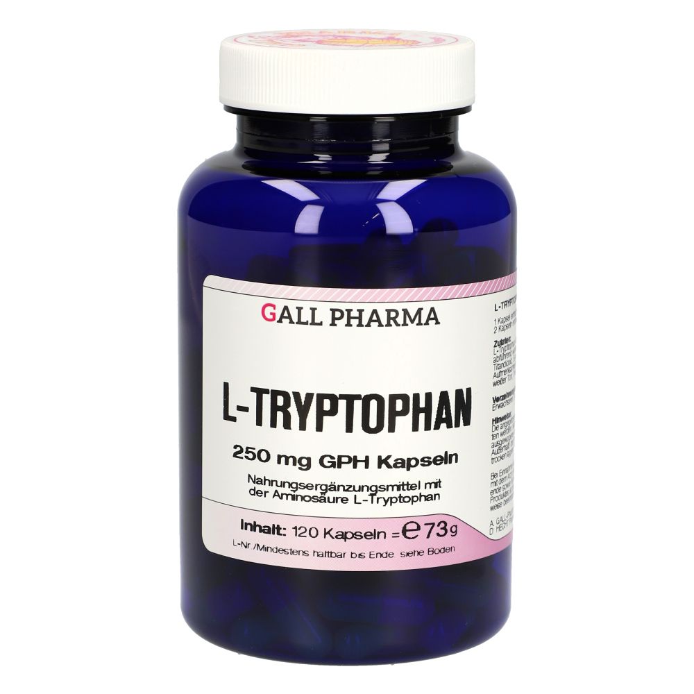 Flacon bleu avec bouchon blanc. Inscription : GALL PHARMA L-Tryptophane 250 mg GPH Kapseln. Contenu : 120 gélules.