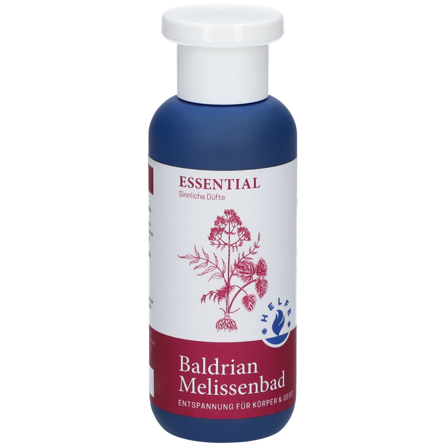 Blaue Flasche mit weißem Deckel. Etikett mit Produktnamen und Illustration. ESSENTIAL Baldrian Melissenbad.