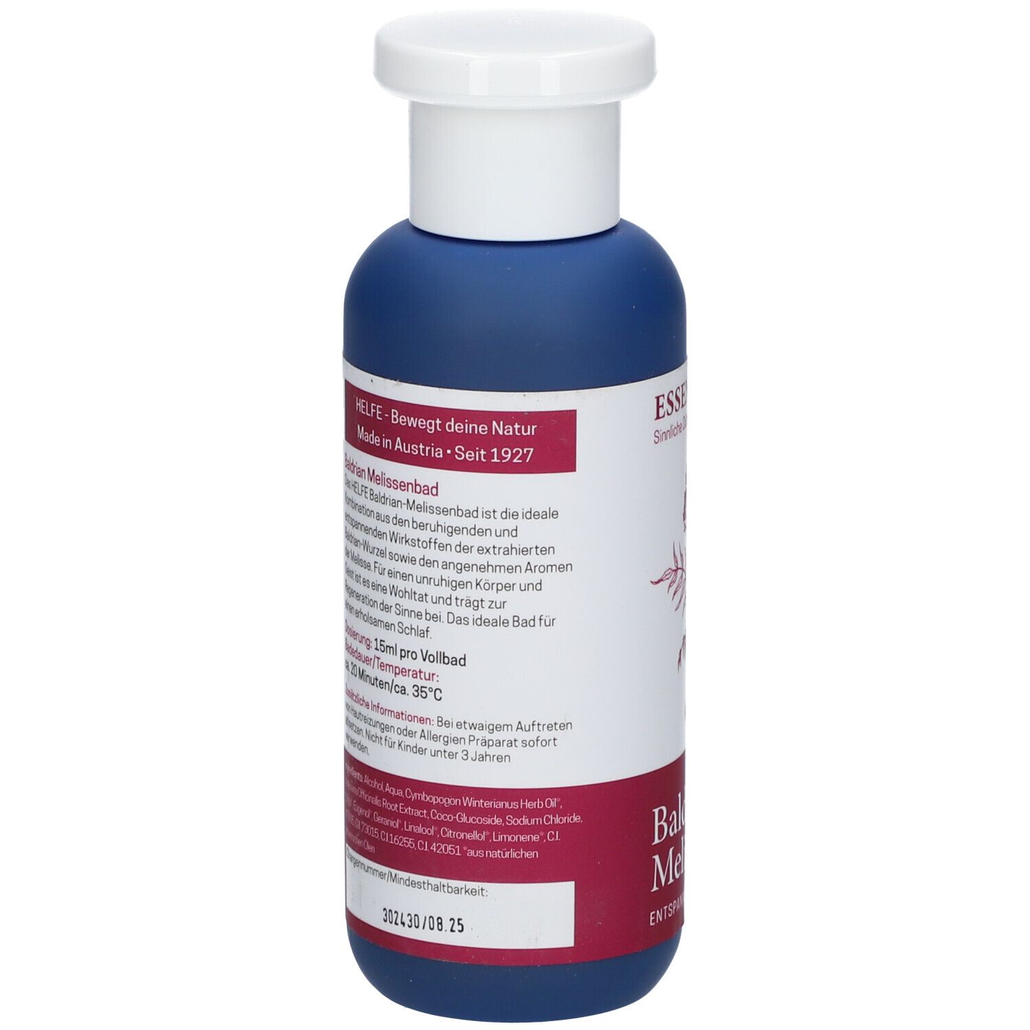 Rückseite der blauen Flasche. Etikett mit Text und Inhaltsstoffen. ESSENTIAL Baldrian Melissenbad.