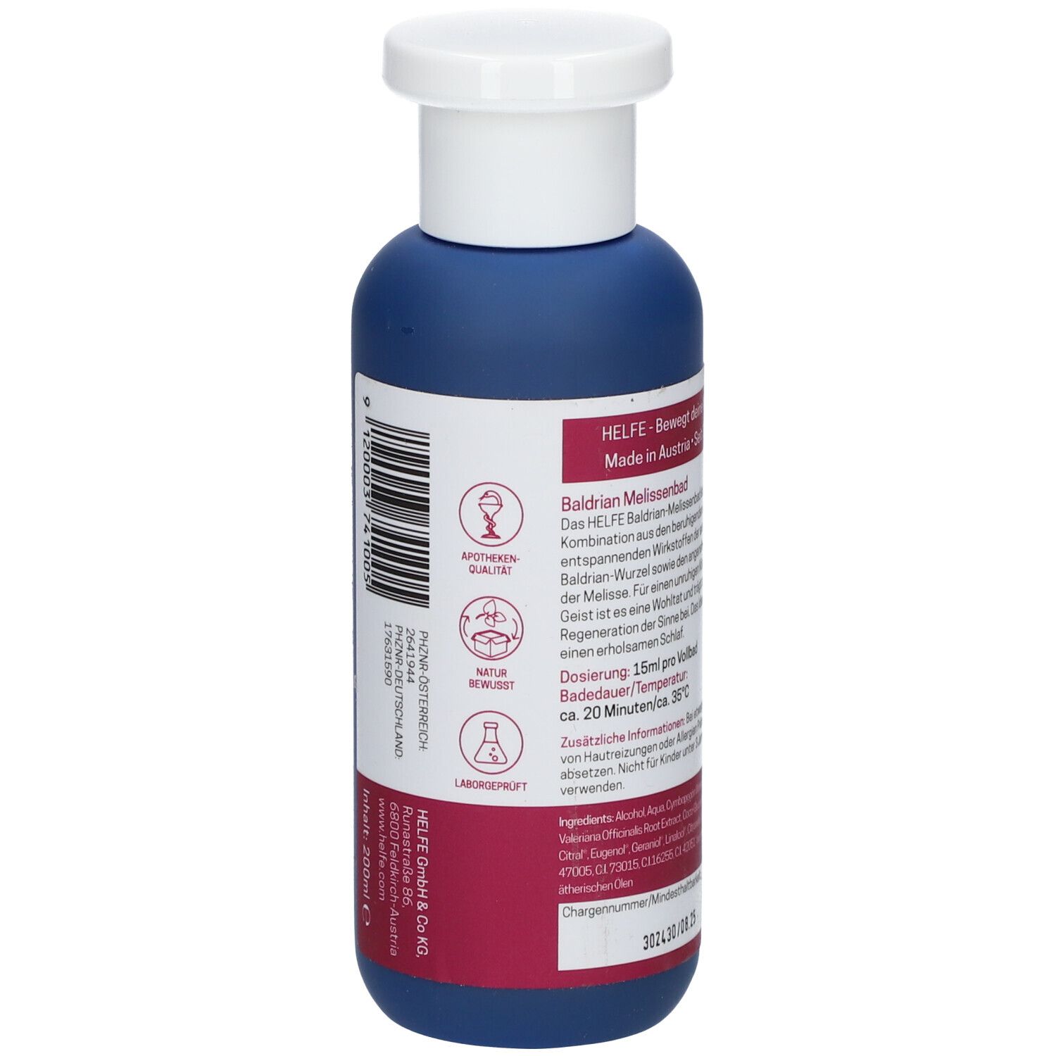 Rückseite der blauen Flasche. Etikett mit Text und Logos. ESSENTIAL Baldrian Melissenbad.