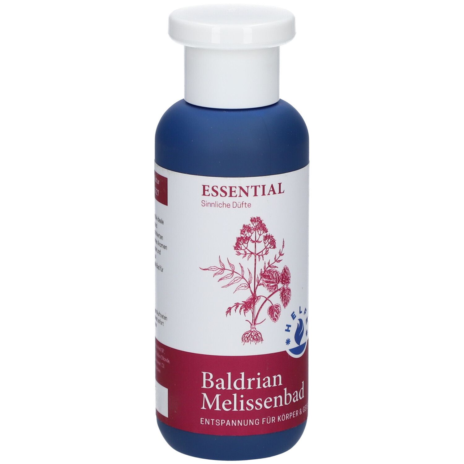 Blaue Flasche mit weißem Deckel. Etikett mit Produktnamen und Illustration. ESSENTIAL Baldrian Melissenbad.