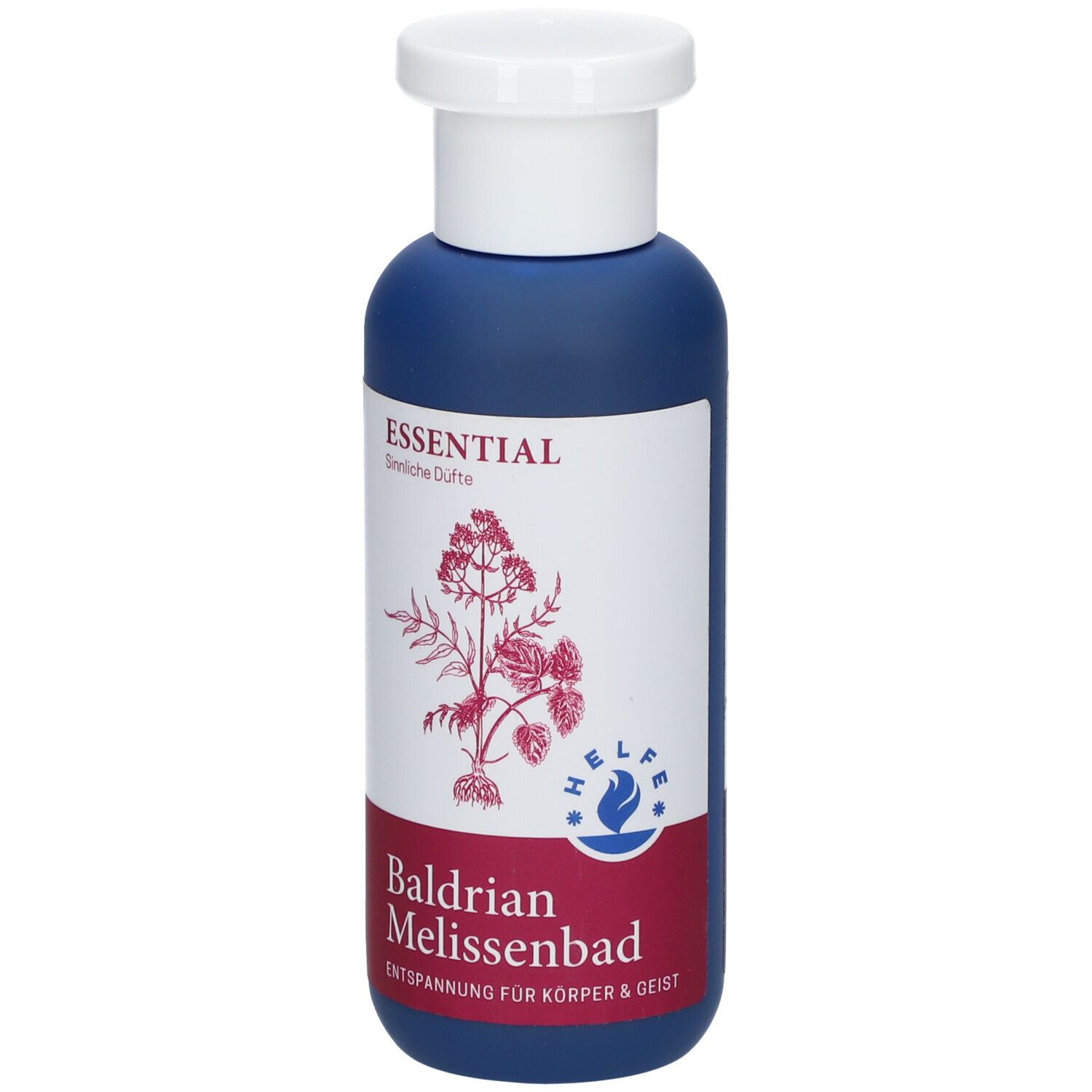 Blaue Flasche mit weißem Deckel. Etikett mit Produktnamen und Illustration. ESSENTIAL Baldrian Melissenbad.