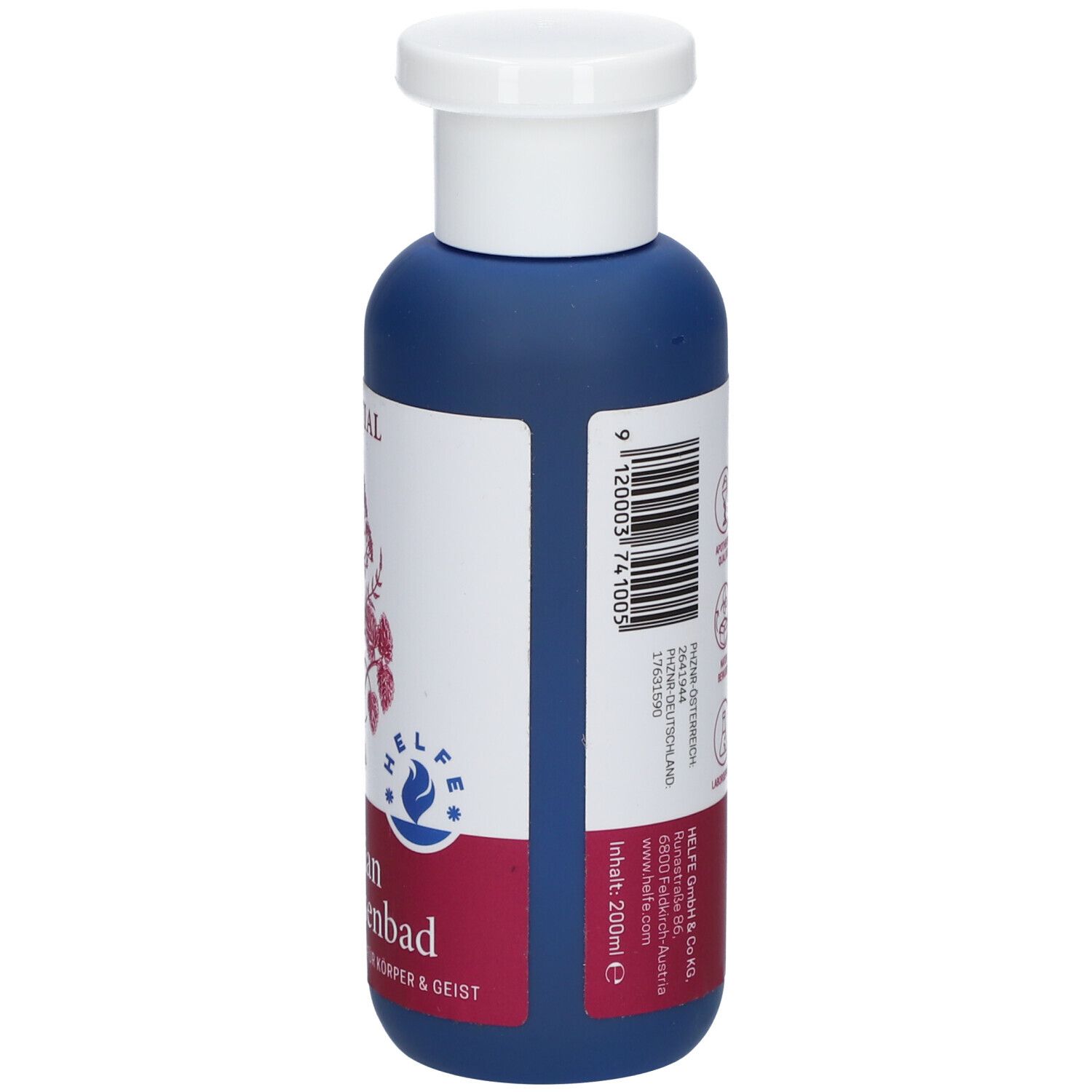 Blaue Flasche mit weißem Deckel. Etikett mit Produktnamen und Text. ESSENTIAL Baldrian Melissenbad.