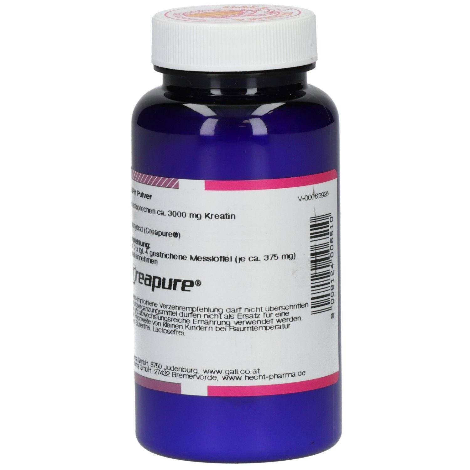 Blaue Flasche mit weißem Deckel. Rückseite mit Text. Marke: GALL PHARMA.